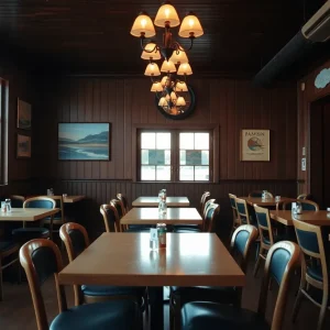 Empty interior of Beacon Corner Bar showing tables and chairs