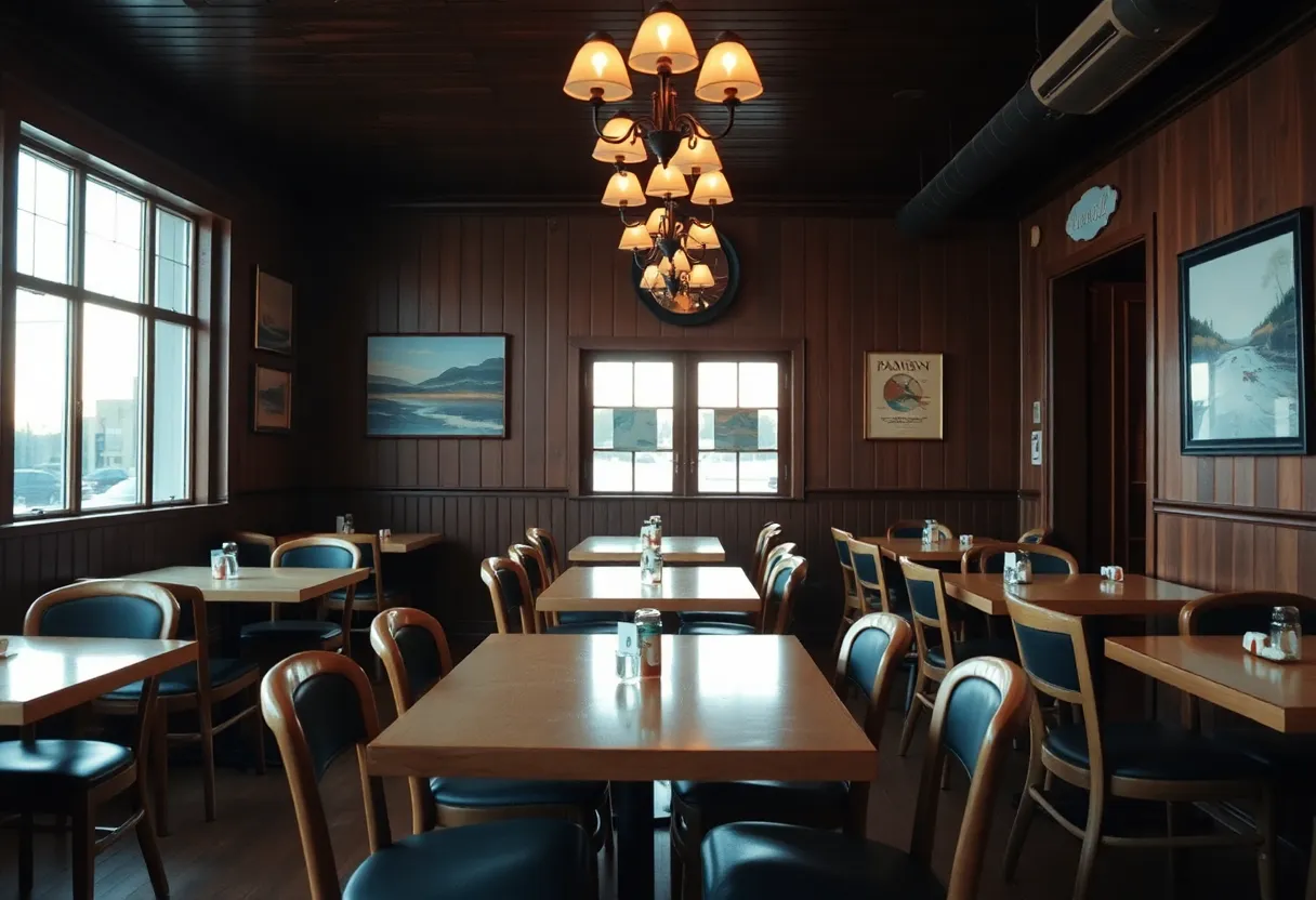 Empty interior of Beacon Corner Bar showing tables and chairs