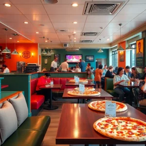 Interior of Cottage Inn Pizza with colorful decor and patrons enjoying pizza.