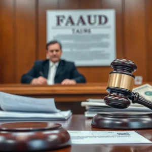 Courtroom scene representing wire fraud sentencing