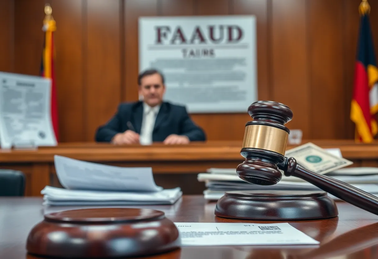 Courtroom scene representing wire fraud sentencing