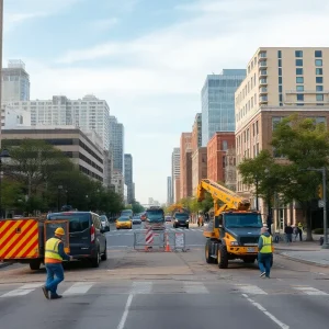Construction workers working on Division Avenue in Grand Rapids.