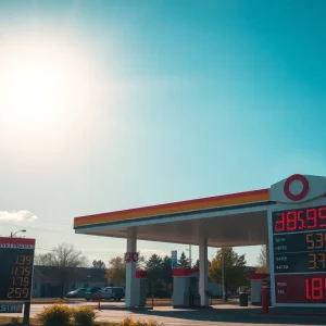 Gas station with price signs displaying gas prices in Grand Rapids