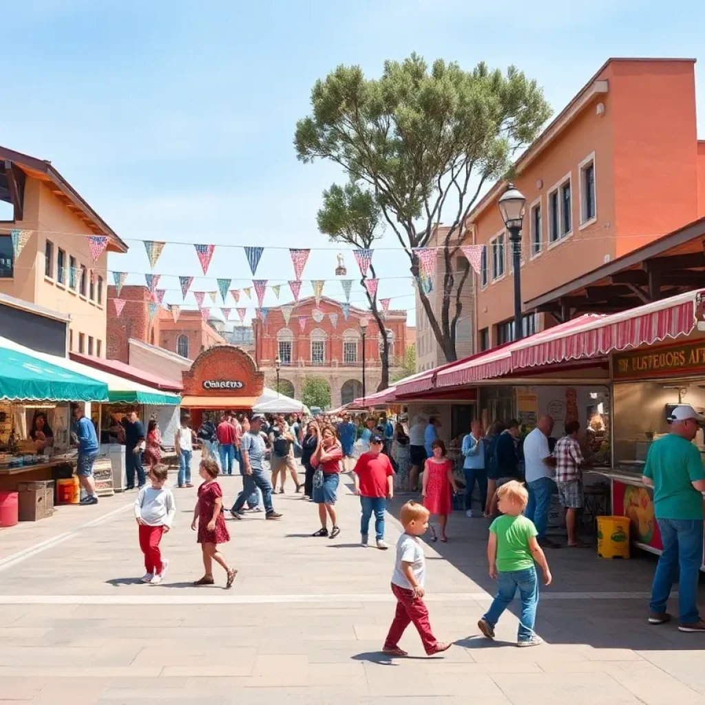 Concept art of Godwin Mercado Marketplace featuring vendors and food trucks in an outdoor setting