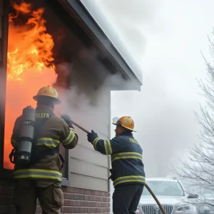 Firefighters dealing with intense flames at GR Central Iron & Steel