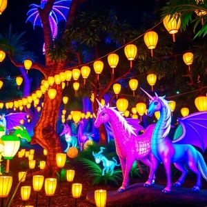 Colorful lanterns in a rainforest setting