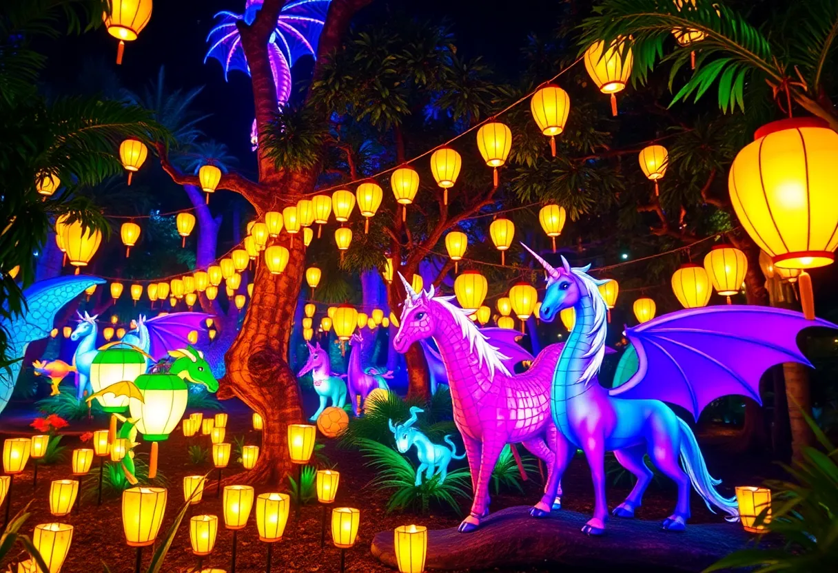 Colorful lanterns in a rainforest setting