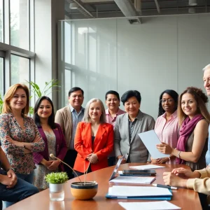 Diverse teams in a city administration office discussing sustainability initiatives