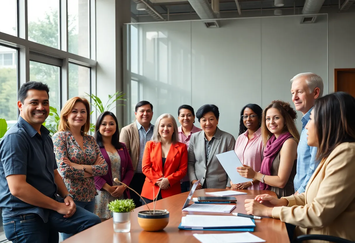Diverse teams in a city administration office discussing sustainability initiatives