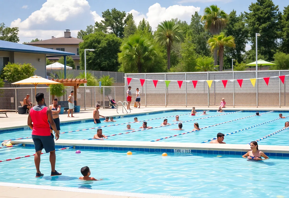 Community pool with lifeguards and families enjoying summer activities