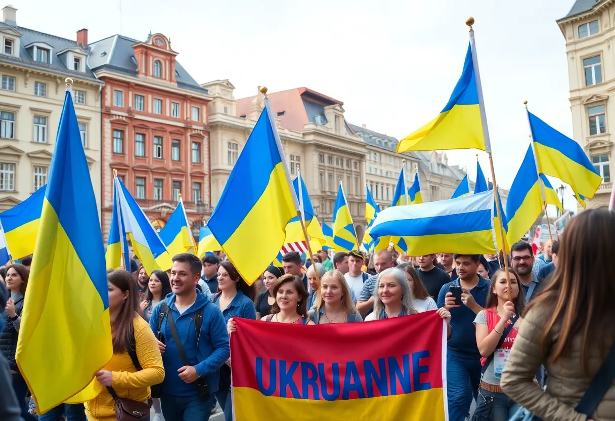 Participants marching in support of Ukraine in Grand Rapids