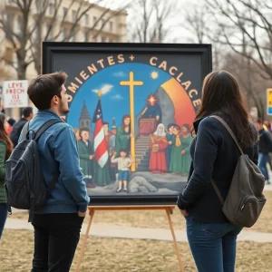 Students discussing controversial artwork on campus