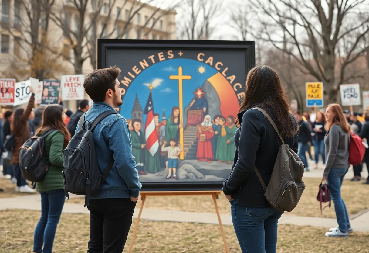 Students discussing controversial artwork on campus