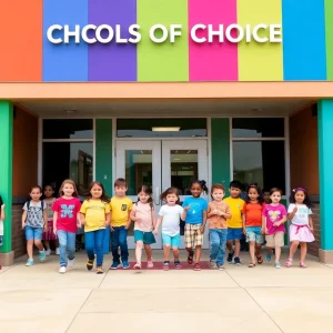 Children entering a school representing educational choices in Kent County.