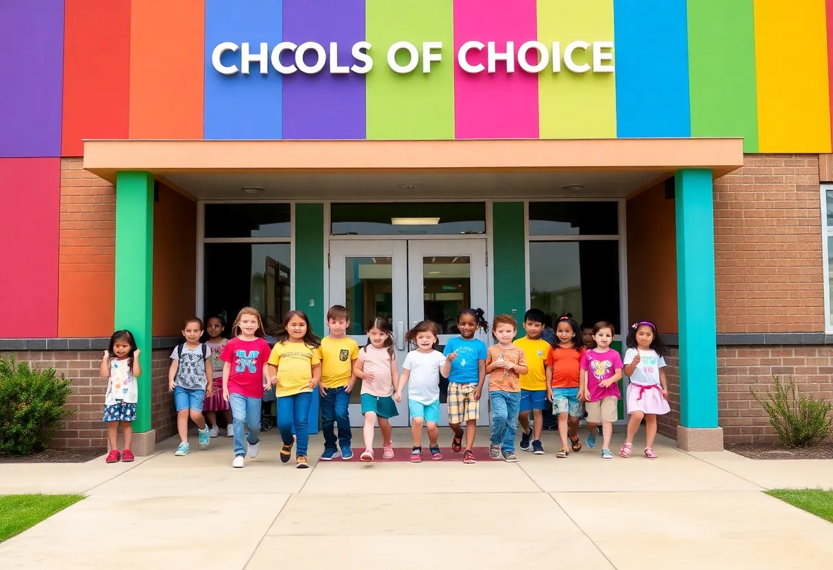 Children entering a school representing educational choices in Kent County.