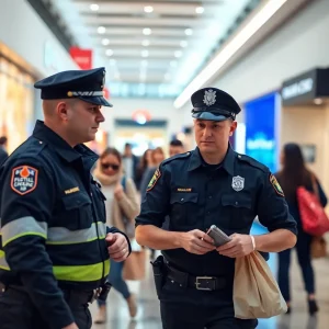 Kentwood police officer responding to a retail theft incident at Woodland Mall