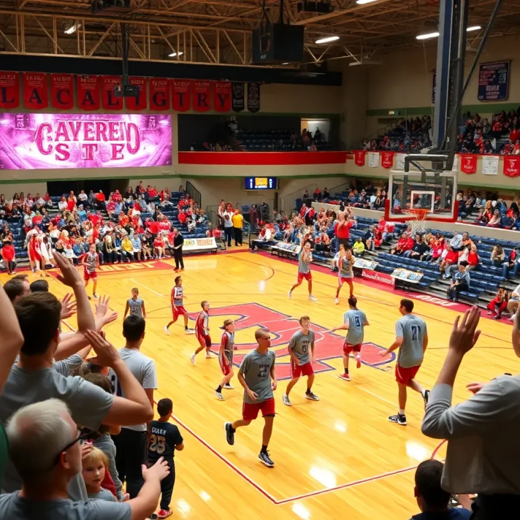 Fans cheering during a high school basketball game at Lakeshore High School.
