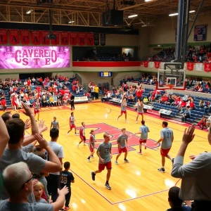 Fans cheering during a high school basketball game at Lakeshore High School.