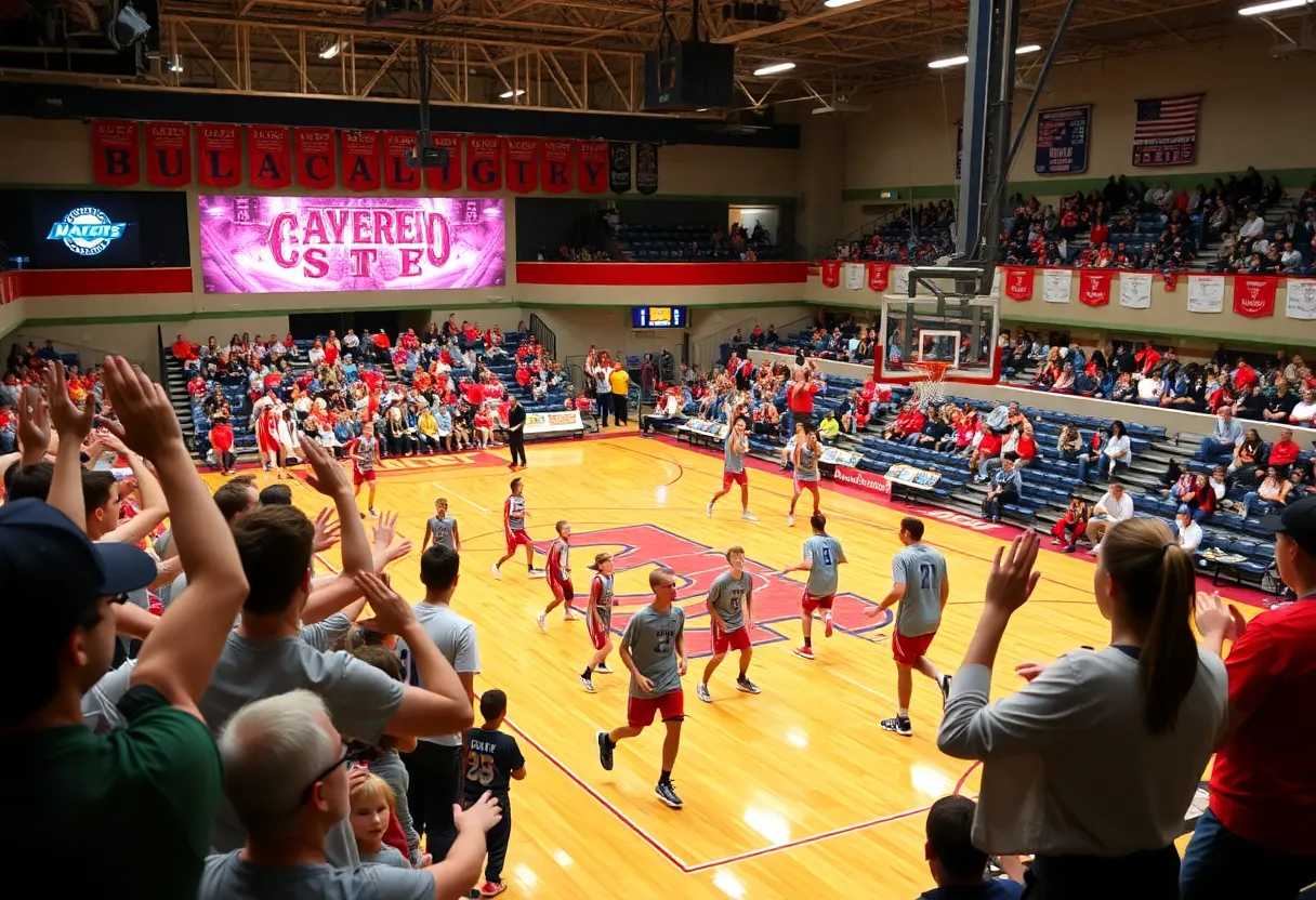 Fans cheering during a high school basketball game at Lakeshore High School.