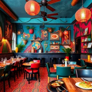 Interior view of Mizizi restaurant in Grand Rapids featuring colorful decor.