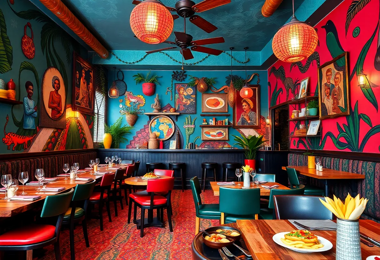 Interior view of Mizizi restaurant in Grand Rapids featuring colorful decor.