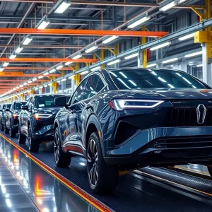 Rivian electric vehicles being assembled on the production line