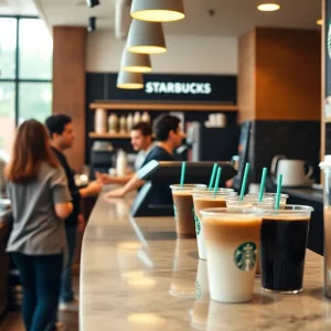 Inside a Starbucks café with coffee drinks