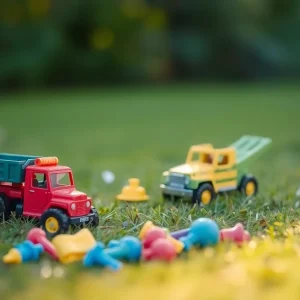 An empty toy truck on a grass patch symbolizing childhood.