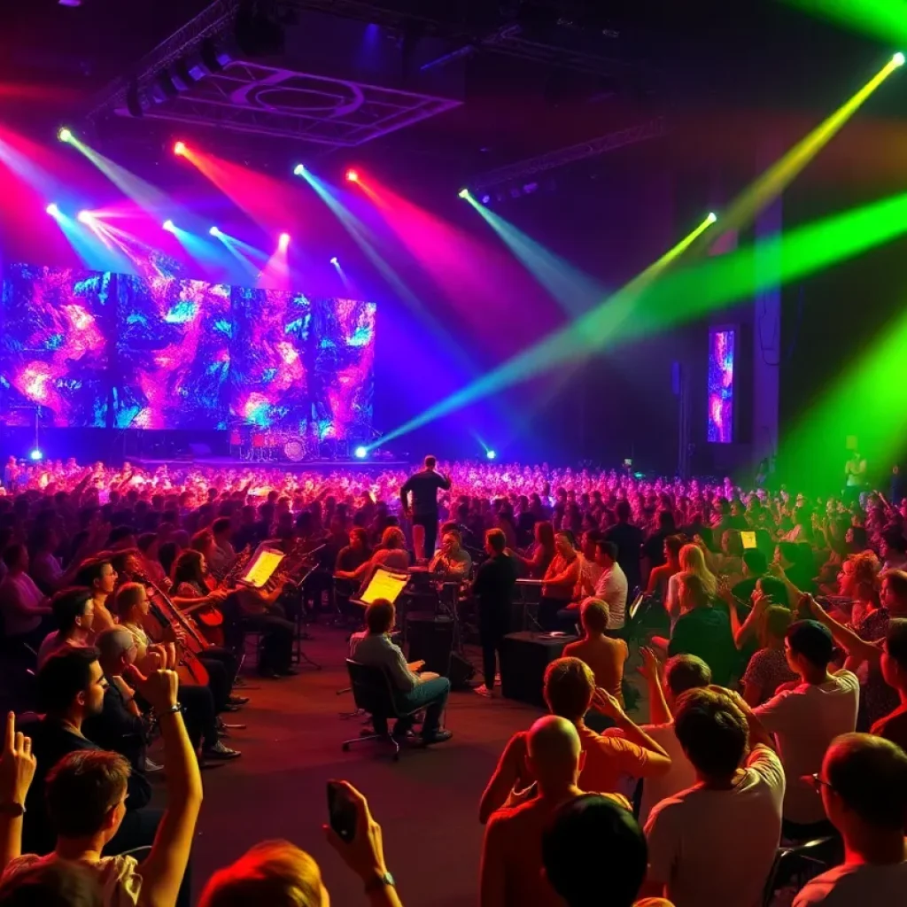Audiences enjoying a live music performance with a large orchestra