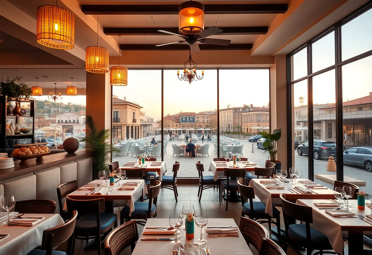 The interior of Allora restaurant in Grand Rapids, showcasing a coastal Italian dining ambiance.