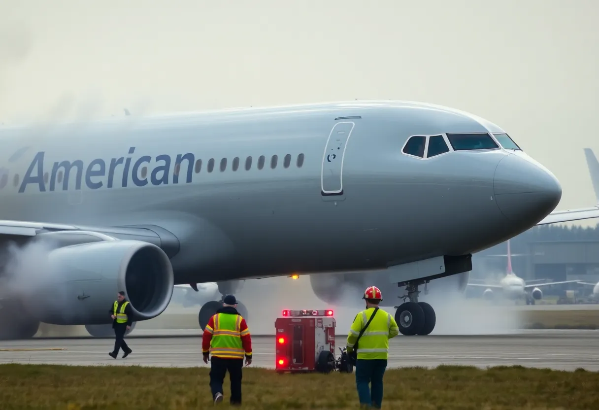 Smoke rising from the engine of American Airlines Flight 1006 after emergency landing.