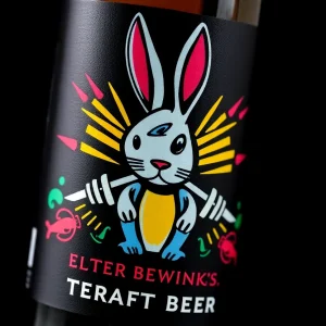Colorful rabbit on beer label with swords