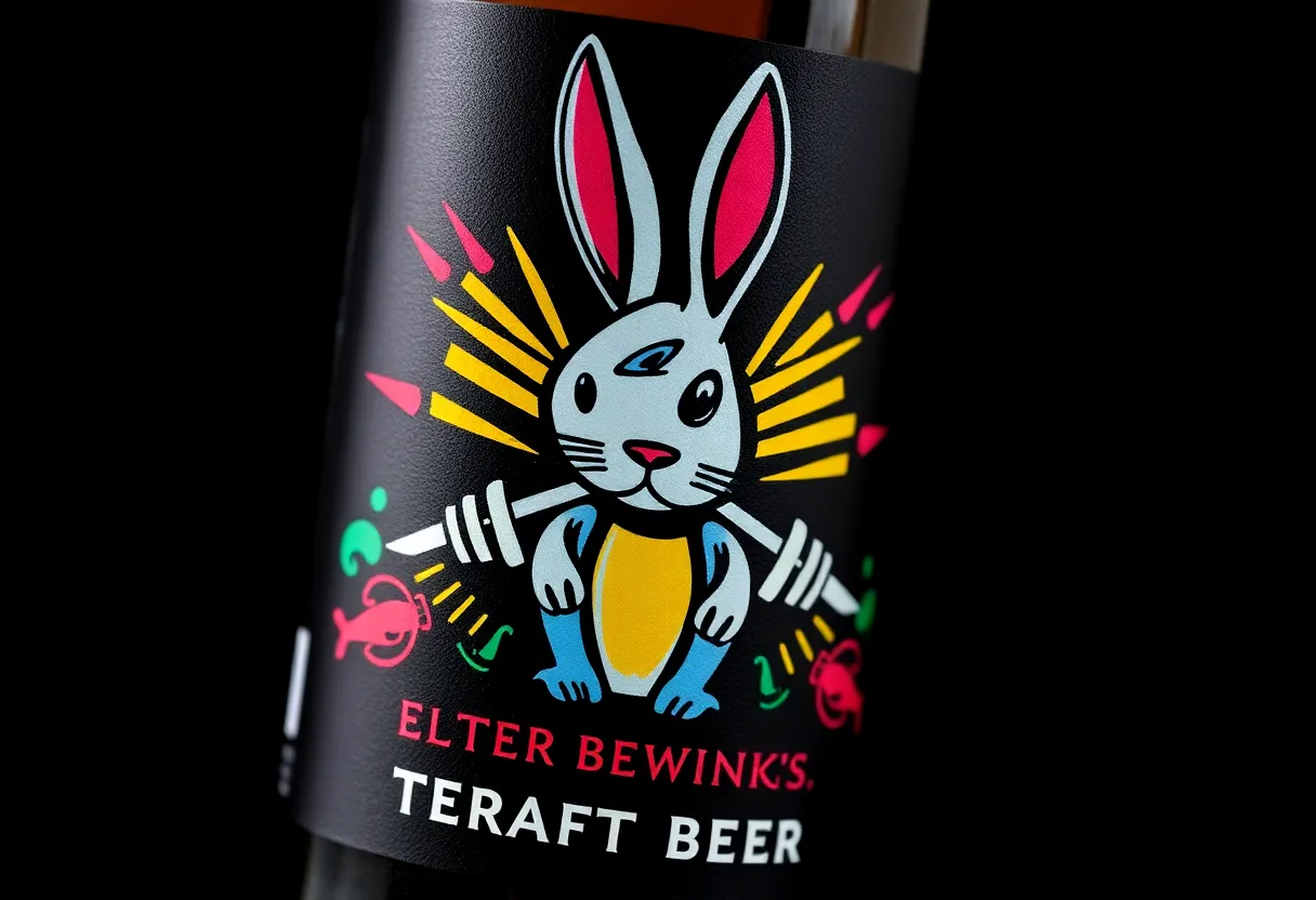Colorful rabbit on beer label with swords