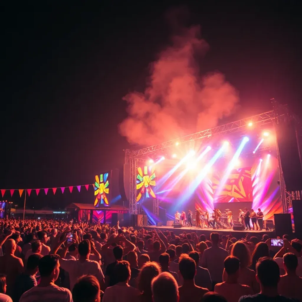 Crowd enjoying a music festival with colorful lights at night.