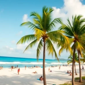 Beautiful beach in Cancun with palm trees