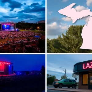 Empty music festival grounds and a closed jazz bar in Michigan
