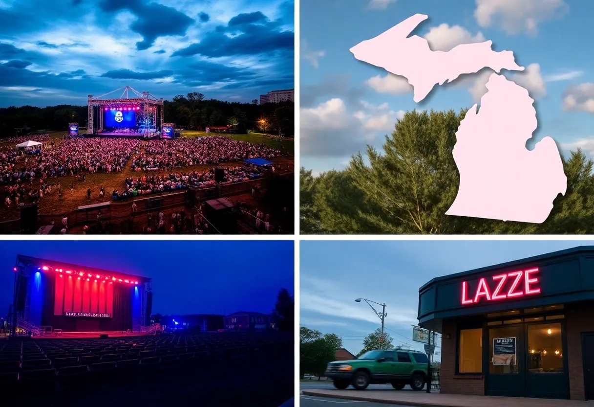 Empty music festival grounds and a closed jazz bar in Michigan