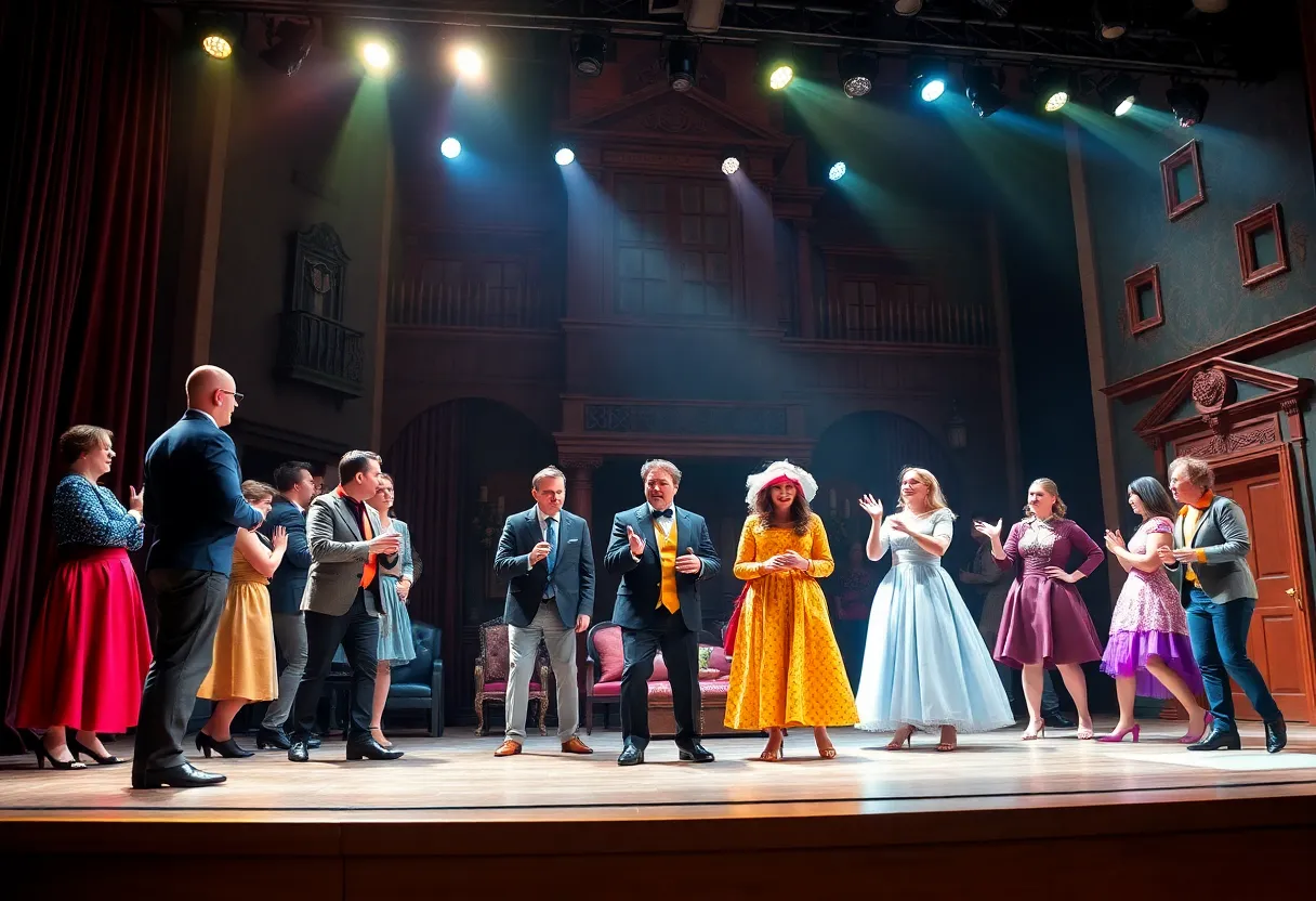 Actors performing Clue Live on Stage in vibrant costumes on a theater stage