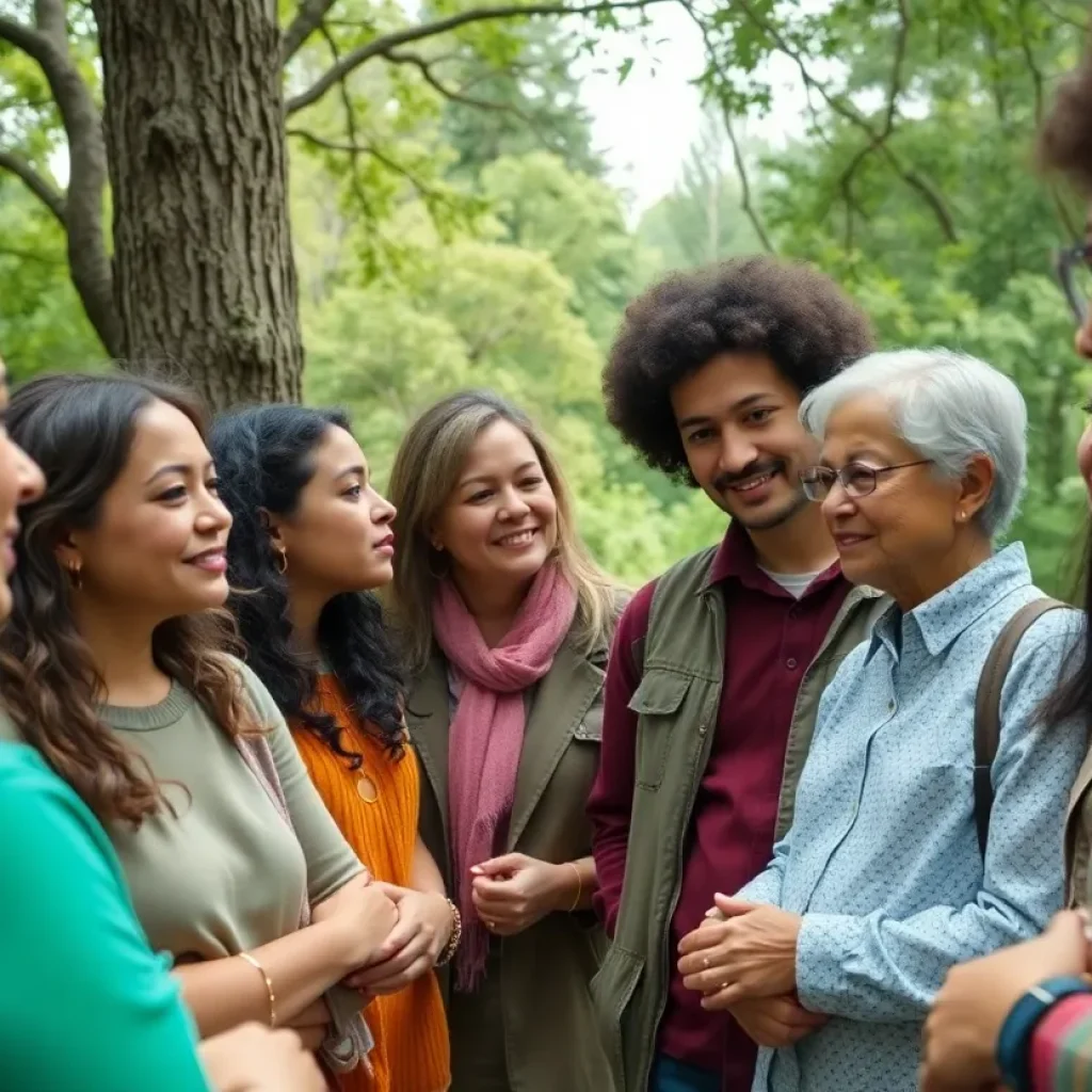 Group of people discussing nature and Indigenous wisdom outdoors