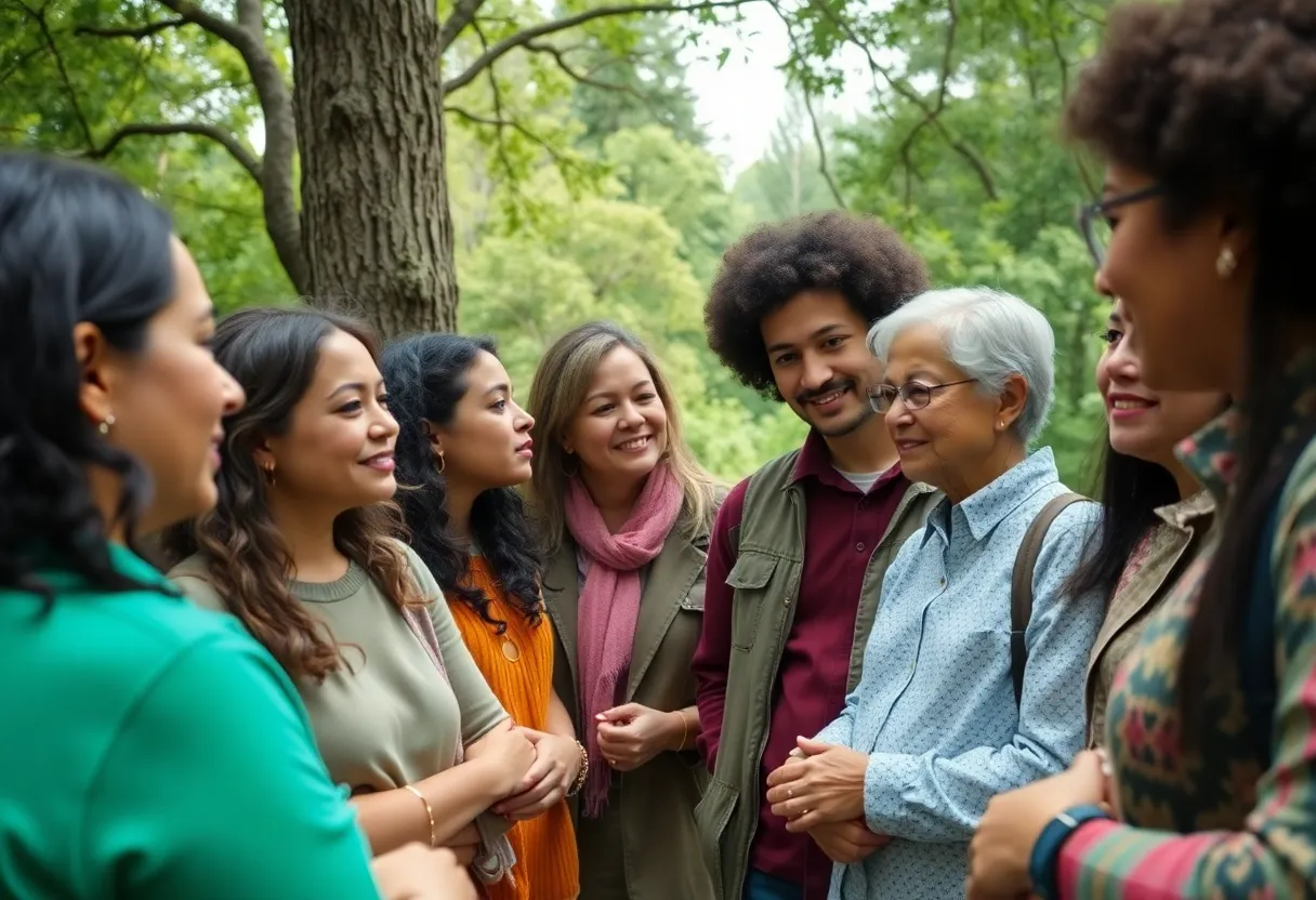 Group of people discussing nature and Indigenous wisdom outdoors