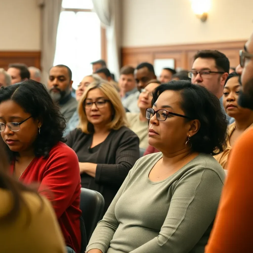 Community members discussing legal strategies in Grand Rapids town hall