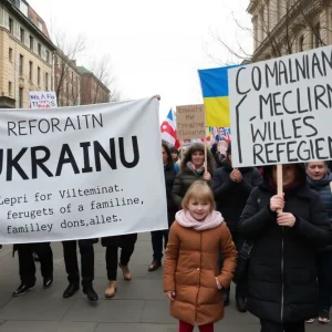 Community members rallying for the rights of Ukrainian refugees, holding signs in support.