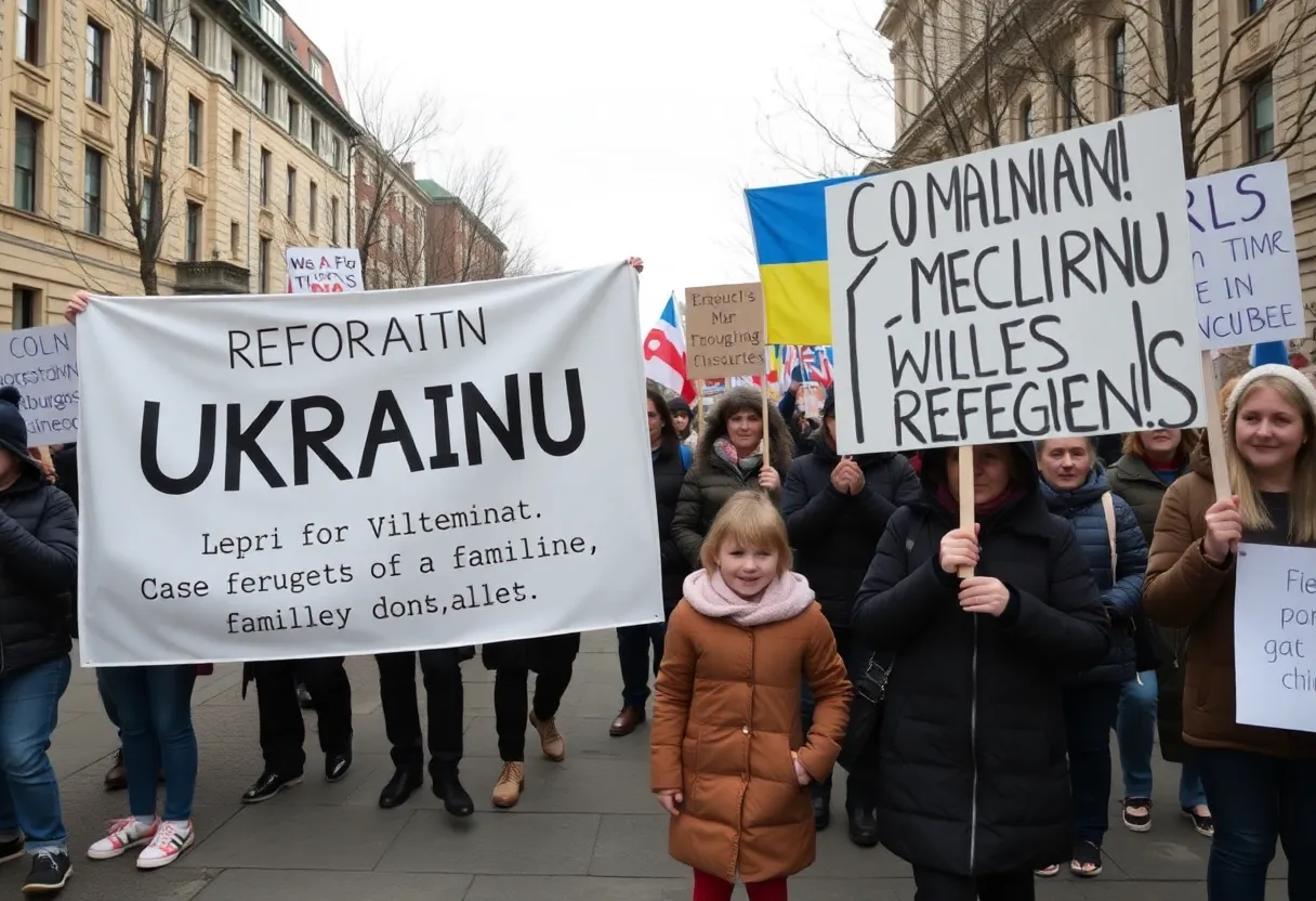 Community members rallying for the rights of Ukrainian refugees, holding signs in support.