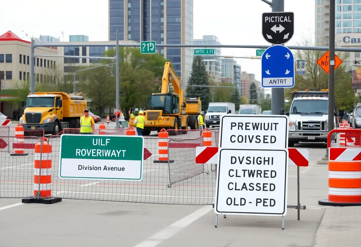 Construction workers and machinery on Division Avenue in Grand Rapids