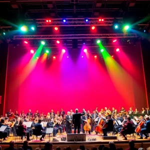 Orchestra stage setup for Dolly Parton concert at DeVos Performance Hall