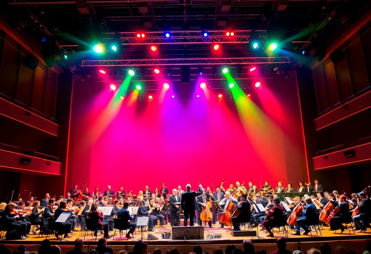 Orchestra stage setup for Dolly Parton concert at DeVos Performance Hall