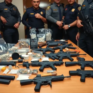 Police officers showcasing seized narcotics during a drug bust in Metro Detroit.