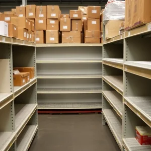 Empty shelves in a Michigan food bank warehouse due to canceled food deliveries