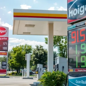 Gas station showing rising gas prices in Grand Rapids, Michigan.