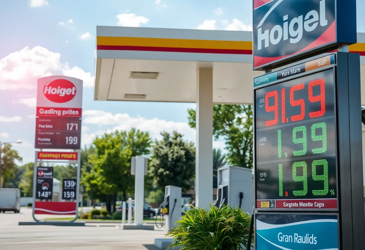 Gas station showing rising gas prices in Grand Rapids, Michigan.